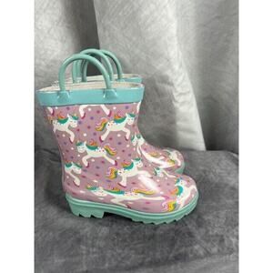 T&W Girls Unicorn Rain Boots Purple Pink Rubber Pull On Round Toe 6 NEW